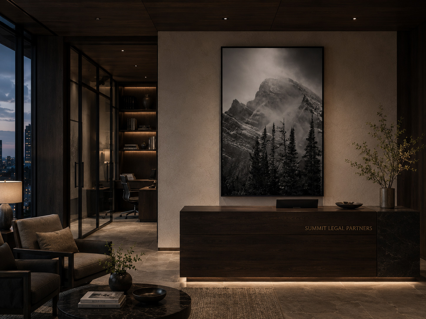 Black and white mountain landscape artwork in an attorney office reception area by Dan Sproul